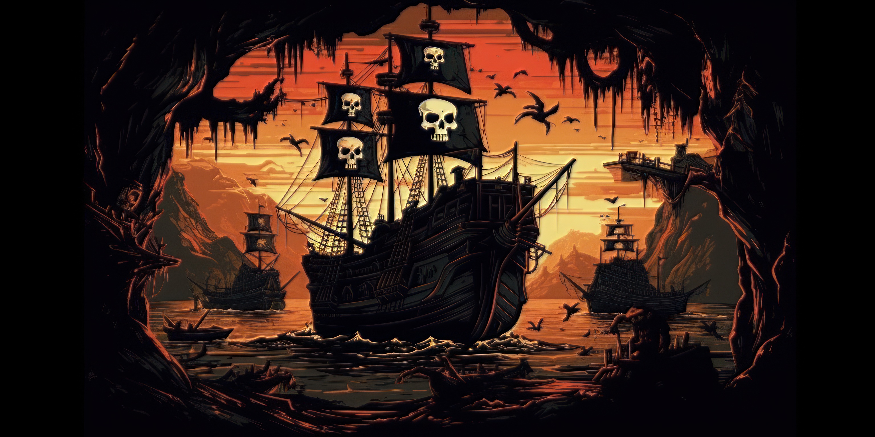 A pirate ship in the bay